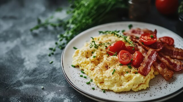 Scrumptious scrambled eggs with crispy bacon, juicy cherry tomatoes, and fresh herbs. Perfect for breakfast menus, food blogs, or healthy eating content.