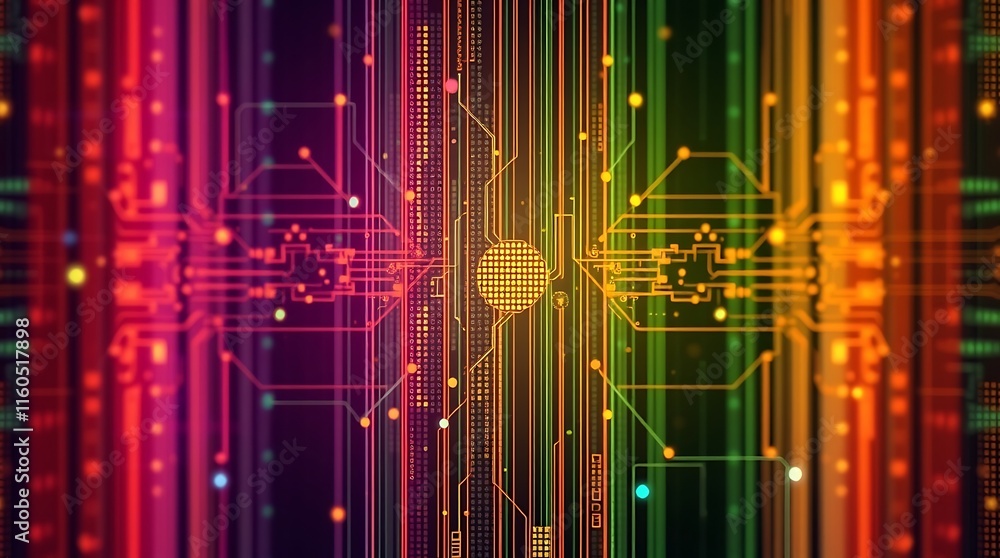 Poster vibrant circuit board abstract: a mesmerizing digital artwork showcasing a vibrant, colorful circuit