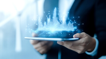 Engineer holding tablet displaying digital data visualization and graphs