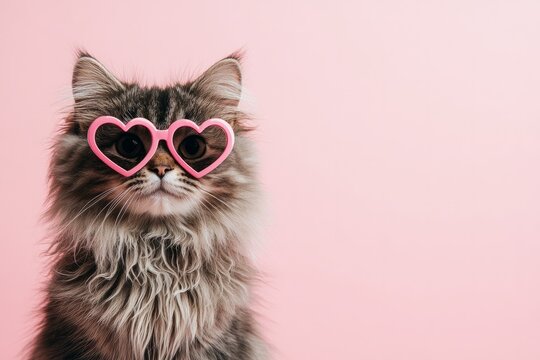Adorable Maine Coon cat wearing pink heart-shaped glasses on pink background with empty space for text