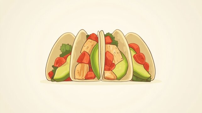 Four delicious tacos filled with chicken, avocado, and tomatoes. Perfect for restaurant menus, food blogs, or any Mexican-themed project.