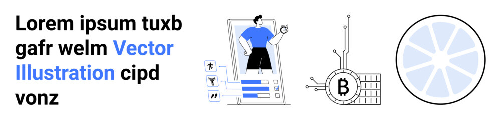 Digital professional standing on device, cryptocurrency symbol with connections, abstract round patterns. Ideal for web design, tech presentations, fintech startups, personal branding, digital