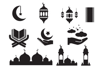 This image features a collection of simple, black silhouette icons representing various Islamic symbols.