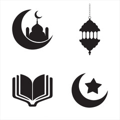 This image features a collection of simple, black silhouette icons representing various Islamic symbols.
