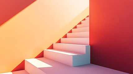 A staircase with a red wall in the background