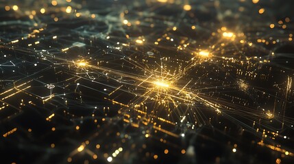 A cityscape with a lot of lights and a bright yellow spot