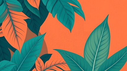 Tropical Paradise: Teal and Burnt Orange Leaves on a Vibrant Background 