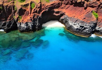 Blue water and white sand at a little inlet along a mountainous shoreline in Hawaii.