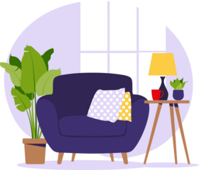 Modern armchair with mini table. Interior of the living room with furniture on transparent background. Flat cartoon style.