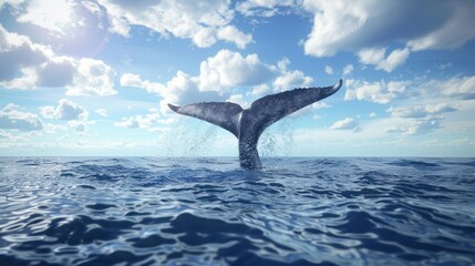 Fototapeta premium Whale's fluke breaching ocean surface under a sunny sky.