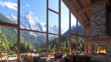 A luxury mountain cabin offering panoramic views of snow-capped peaks and a serene forest. The cozy interior includes a stone fireplace and rustic wooden furniture, making it the perfect retirement
