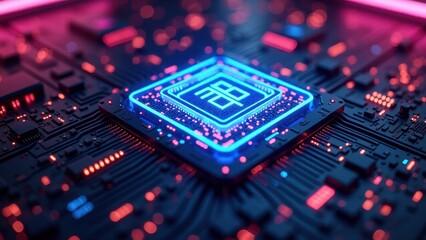 Futuristic Microchip Technology with Glowing Neon Circuit Board Details



