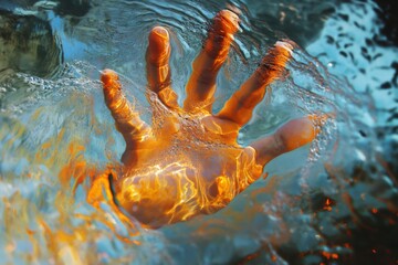 Hand reaching up from underwater, seeking help and rescue