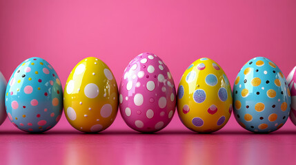 Obraz premium Row of colorful decorated eggs on pink background