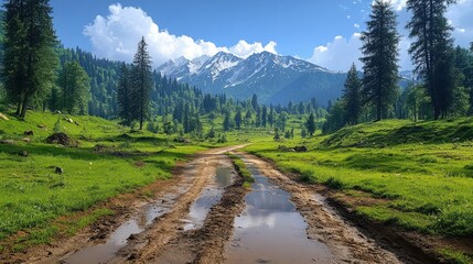 Fototapeta premium A scenic dirt path through a lush green landscape with mountains and clouds in the background.