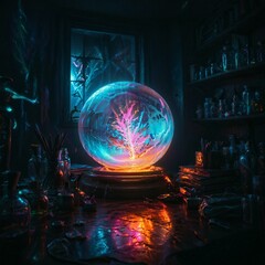 Mystical alchemist's workshop with glowing vials, swirling vapors, and ancient tomes