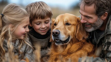 Woman and child warmly embracing a dog in rustic setting during autumn afternoon