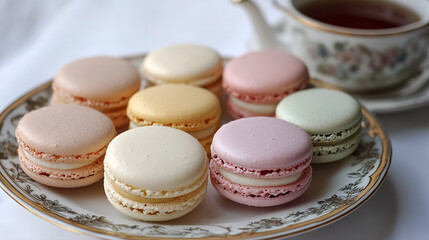 Obraz premium Pastel easter egg shaped macarons on floral plate for spring celebrations