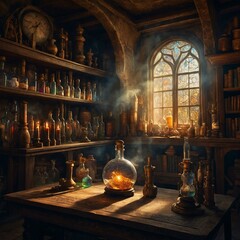 Mystical alchemist's workshop with glowing vials, swirling vapors, and ancient tomes