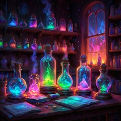 Mystical alchemist's workshop with glowing vials, swirling vapors, and ancient tomes