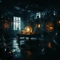 Mystical alchemist's workshop with glowing vials, swirling vapors, and ancient tomes