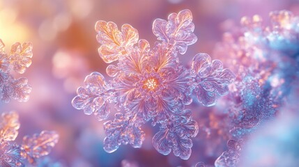 Close-up of a beautiful, intricate snowflake, detailed crystal structure, vibrant colors,  glowing, winter, frost, ice, delicate, nature's artistry,  frozen,  beautiful design,  shapes, 