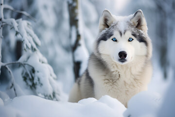 Naklejka premium Epic Wilderness Capture: Mesmerizing Eskimo Husky Braving the Arctic Snowstorm in Dynamic Action