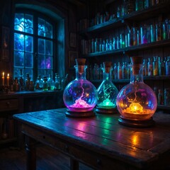 Mystical alchemist's workshop with glowing vials, swirling vapors, and ancient tomes