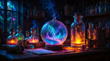 Mystical alchemist's workshop with glowing vials, swirling vapors, and ancient tomes