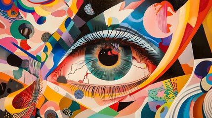A colorful painting of an eye with a black pupil