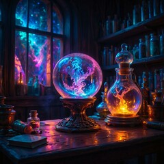 Mystical alchemist's workshop with glowing vials, swirling vapors, and ancient tomes