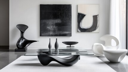 A minimalist living room with black and white contrasts, glass furniture, and abstract sculptures