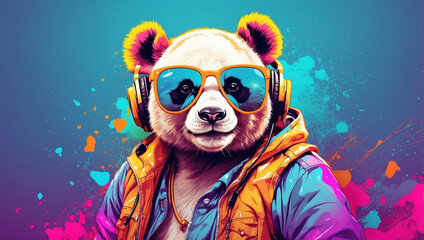 Fototapeta premium Colorful Panda with Headphones: A Generative AI Artwork of Fun and Whimsy