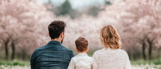 Family enjoying a day among blooming cherry blossom trees.