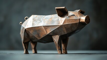 A minimalist metal pig figure holding a single coin, surrounded by geometric patterns