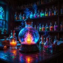 Mystical alchemist's workshop with glowing vials, swirling vapors, and ancient tomes