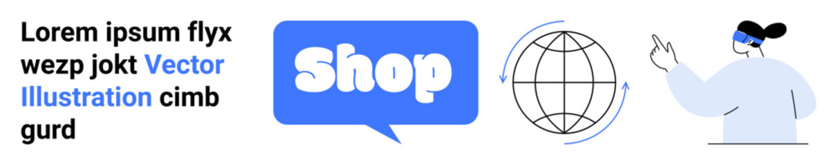 Text on the left, a blue Shop button in the middle, a globe icon, and a cartoon character pointing. Ideal for e-commerce, online shopping, global market, digital commerce, UI design. Banner