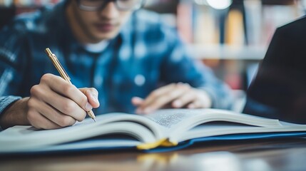 A young man studying with a book open, writing in a notebook while a laptop sits nearby.