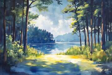 Sunny forest clearing opening onto tranquil lake watercolor painting