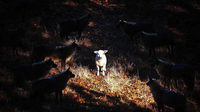 A lone white sheep stands out among a circle of dark wolves in a dramatic forest scene.