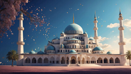 Obraz premium A Beautiful AI Generated Image of a Mosque Celebrating Eid with Vibrant Decorations