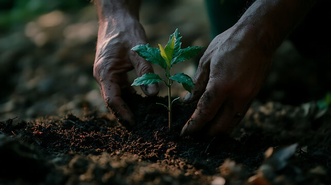 Hands planting a tree sapling in soil, symbolizing joint environmental efforts 