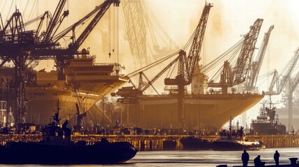 A dramatic sunset casting golden hues on a busy shipyard with cranes and vessels.