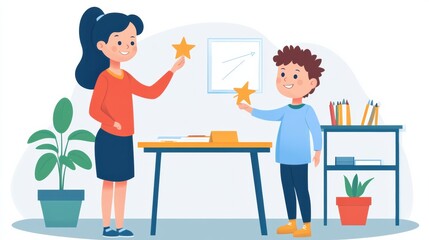Fototapeta premium A teacher handing a star sticker to a smiling child for completing their work