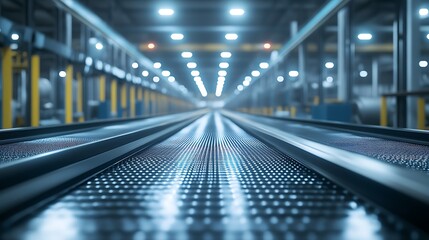 Empty conveyor belt in a pristine production facility, reflective metal surface under bright lighting, industrial warehouse environment.