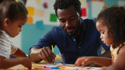 Fototapeta premium A teacher leading a craft session with children with glue scissors and colorful papers on the table