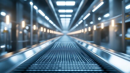 Naklejka premium Empty conveyor belt in a high-tech production space, smooth metallic surface, high ceilings with bright factory lights.