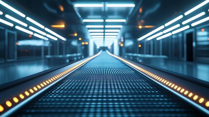 Empty industrial conveyor belt of a modern production line, no products, reflecting bright fluorescent lights in a clean factory space.