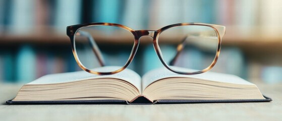 Emotional Value concept. Glasses resting on an open book with blurred background of shelves.