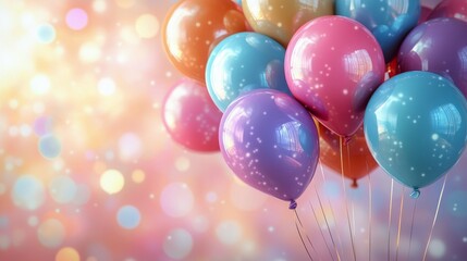 Colorful balloons floating against a vibrant background with sparkling bokeh lights at a celebration event